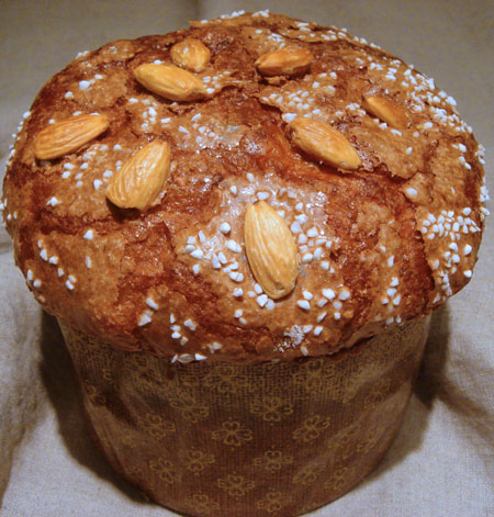 glazed panettone with almonds and pearl sugar