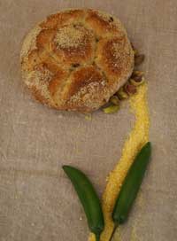 A roll-polenta-pistachio-pepper flower collage