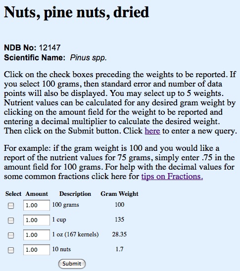 USDA database screenshot