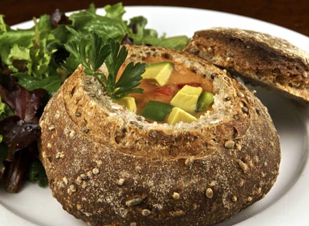 gazpacho in spelt-hempseed bread bowl