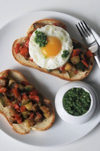 Ratatouille toast, eggs and salsa emerald