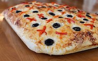 Foccacia With Peppers, Olives, and Pecorino Cheese